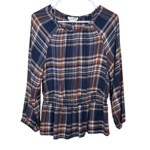 Universal‎ Thread Womens Plaid Peplum Blouse Long Sleeve Navy Orange Medium Fall